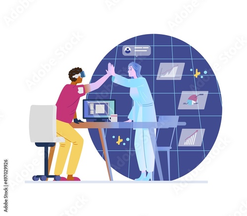 Colleagues working on project in metaverse flat vector illustration. Man and hologram woman giving high five in virtual office room. Modern technologies for business.