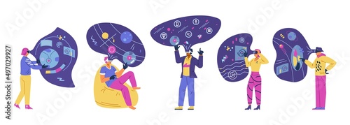 People in VR headsets in metaverse flat vector illustartions set. Men and women in virtual reality filled with abstract objects, crypto currencies, holograms.