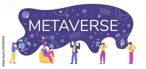 Metaverse flat vector horizontal banner. Different people in VR headsets in same cyberspace filled with abstract objects, holograms and cryptocurrency icons.