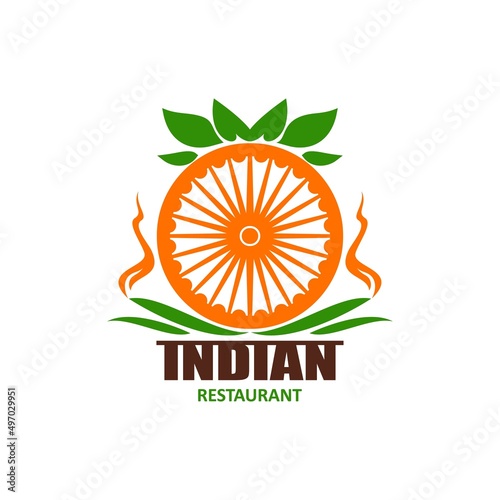 Indian cuisine restaurant icon with dhama wheel. Indian food restaurant or cafe vector emblem or minimalist icon with Hinduism or Buddhism religious dharmachakra symbol and typography