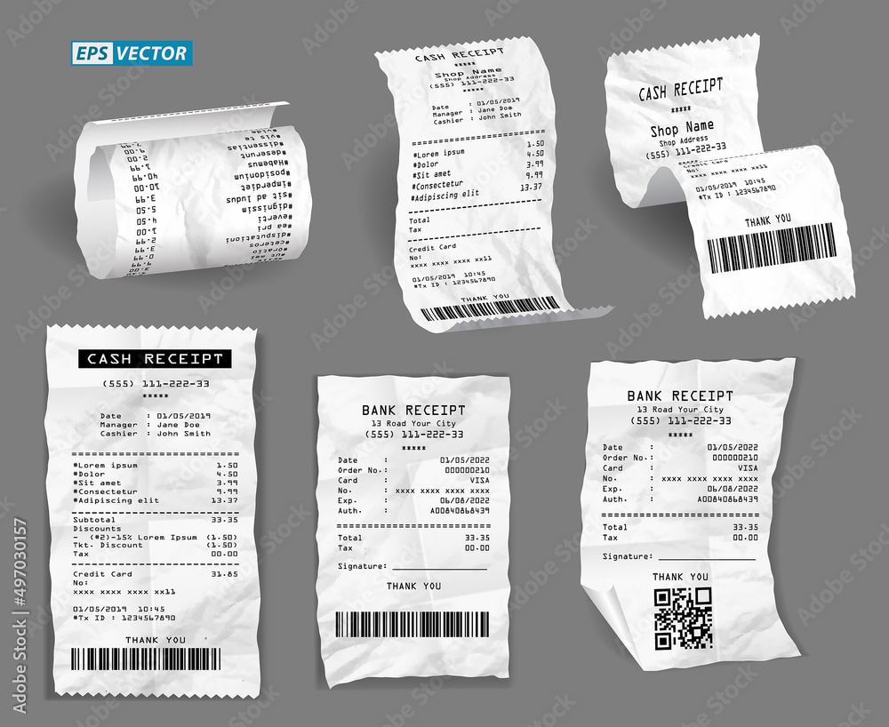 Naklejka premium set of realistic cash register sales receipt isolated or cash receipt printed white paper or printout thermal rolled paper. eps vector