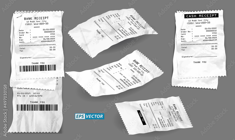 Naklejka premium set of realistic cash register sales receipt isolated or cash receipt printed white paper or printout thermal rolled paper. eps vector