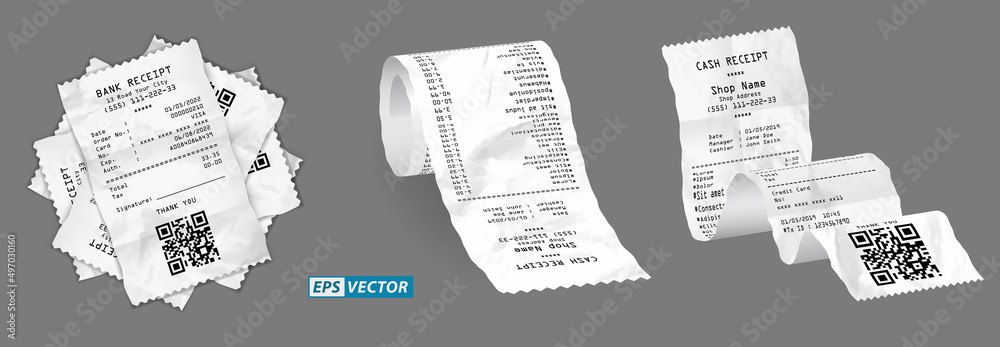 Naklejka premium set of realistic cash register sales receipt isolated or cash receipt printed white paper or printout thermal rolled paper. eps vector