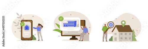 Real estate search illustration set. Characters searching and choosing apartment or house for renting or buying. Property market concept. Vector illustration.

