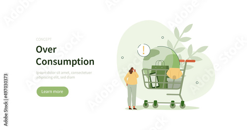 Overconsumption problem. Character buying too much clothes, technics and other stuff. Environment and resources issue concept. Vector illustration.