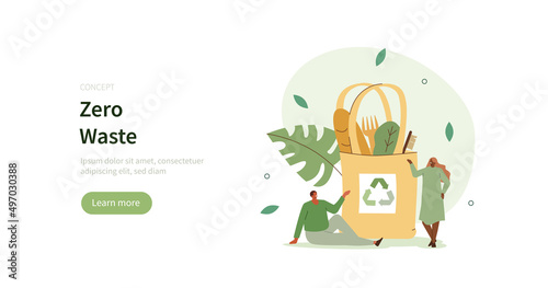 Zero waste lifestyle. Characters buying and using eco friendly, no plastic, reusable and recycle items. Environment and resources problems concept. Vector illustration.