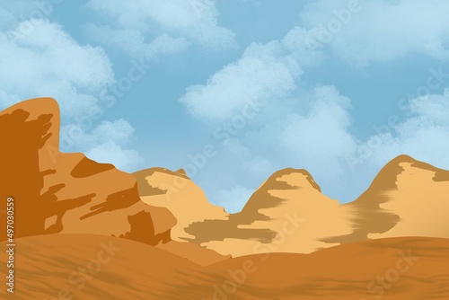 Beautiful Western Desert Landscape with Sky Rock Cliff Mountain Illustration