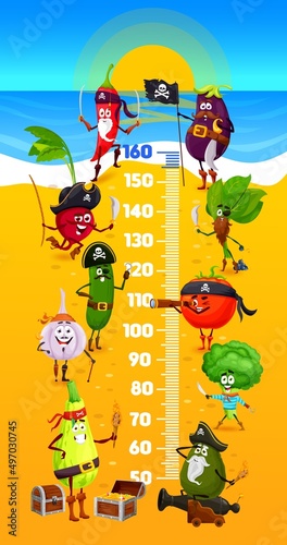 Kids height chart, pirate and corsair vegetables, vector growth meter. Baby tall scale with cartoon funny pirate radish, tomato and broccoli, spinach and garlic, eggplant, avocado vegetable characters