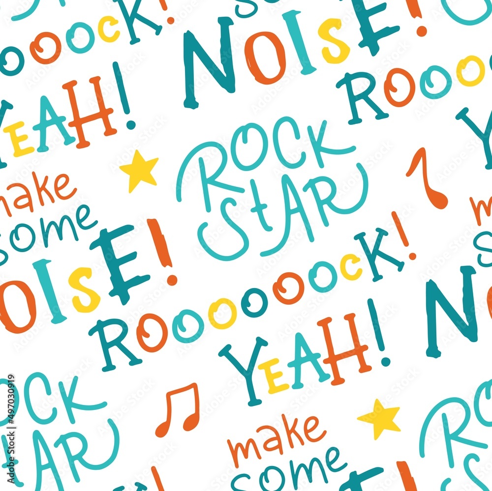 Cute rock graffiti lettering seamless pattern. Hand drawn colorful doodle cartoon letters. Ideal for baby clothes, textiles, wallpaper, wrapping paper.