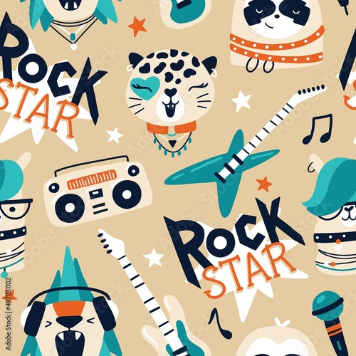 Cute animal rock star seamless pattern with lettering. Hand drawn colorful doodle cartoon characters in rock accessories, musical instruments. Ideal for baby textiles, wallpaper, wrapping paper.
