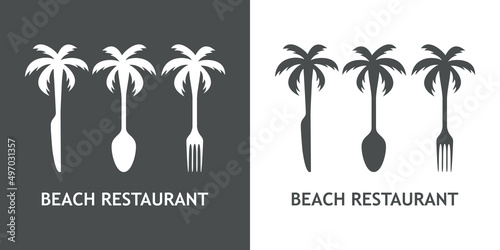 Logotipo con texto Beach Restaurant con tenedor, cuchara y cuchillo con forma de silueta de palmera en fondo gris y fondo blanco