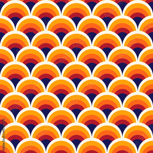 Fish scale abstract geometric seamless pattern. Colorful circles 70s style nostalgic retro background. Classic rainbow fashion print for fabric, paper
