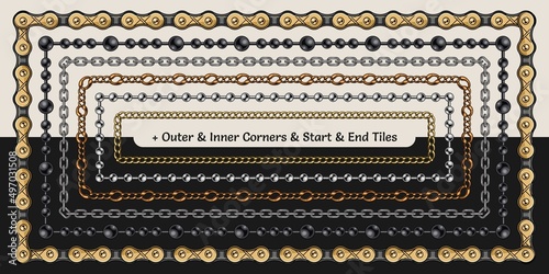 Set of metal chain pattern brushes with corners, end and start tiles in vintage style. Isolated on white and black background.