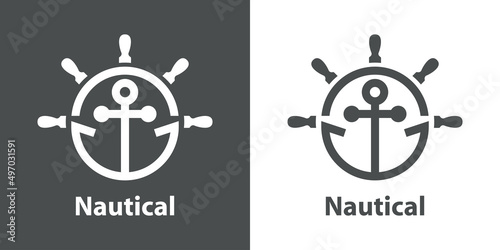 Logotipo con texto Nautical con silueta de ancla de barco con forma de timón con líneas en fondo gris y fondo blanco