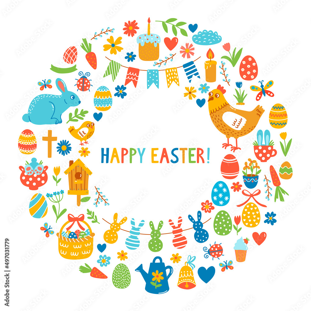 Fototapeta premium Easter holiday cute colorful icons vector set. Greeting card round drame template