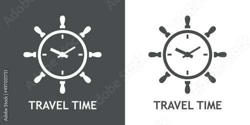 Logotipo con texto Travel Time y silueta de timón de barco con esfera de reloj simple en fondo gris y fondo blanco