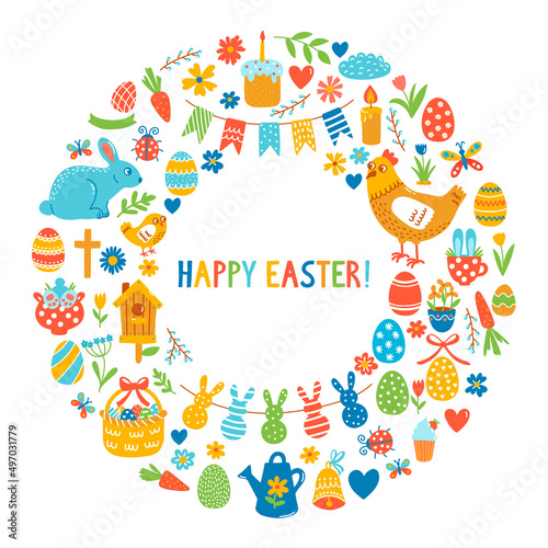 Fototapeta Naklejka Na Ścianę i Meble -  Easter holiday cute colorful icons vector set. Greeting card round drame template