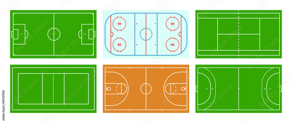 Sport fields. Sport pitchs. Stadium for tennis, soccer, basketball, hockey and volleyball. Set of game courts top view. Floor background with borders for competition. Vector