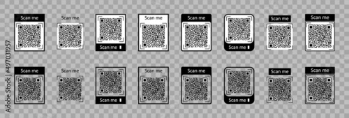 QR code icons. QR code for scan with mobile. Outline icons barcode for phone scanner. Digital bar of logo with scan to me. Black qrcode for pay on white background. Coupon for discount. Vector