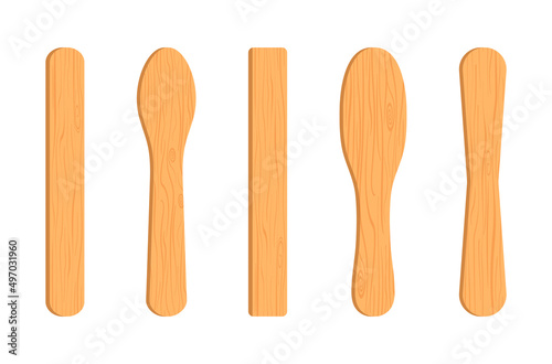 Stick for ice cream and popsicle. Lollipop sticks. Wood sticks for ice cream. Craft of wood. Wooden texture on stick. Brown wooden spatulas isolated on white background. Vector