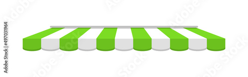 Roof shop. Awning on cafe. Tent of marketplace. Green-white stripe canopy for store or market. Striped sunshade for restaurant, circus and marquee. Parasol on white background. Vector