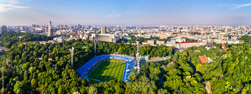 Aerial view of Dynamo Stadium and Government Building in Kiev, Ukraine before the war with Russia