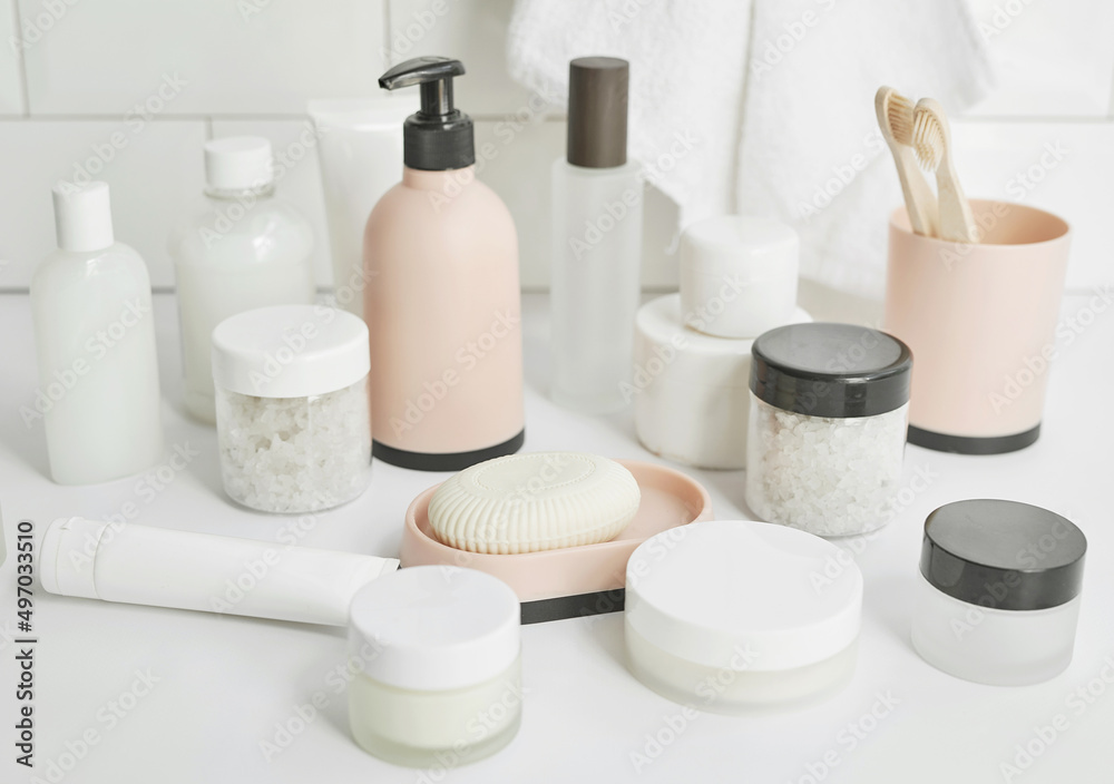 Bath accessories. Dressing table. Cosmetics and hygiene products. Spa and beauty salon. Toothbrush and soap, cream containers Bath accessories. Dressing table. Cosmetics and hygiene products. Spa and beauty salon. Toothbrush and soap, cream containers