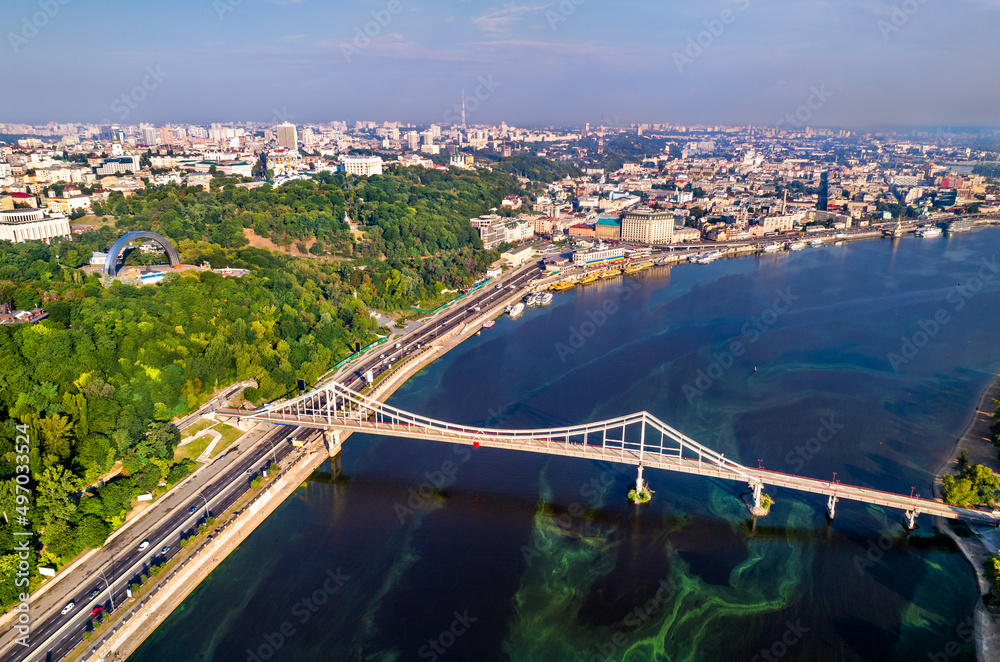The Dnieper river with the Pedestrian Bridge in Kiev, Ukraine, before the war with Russia