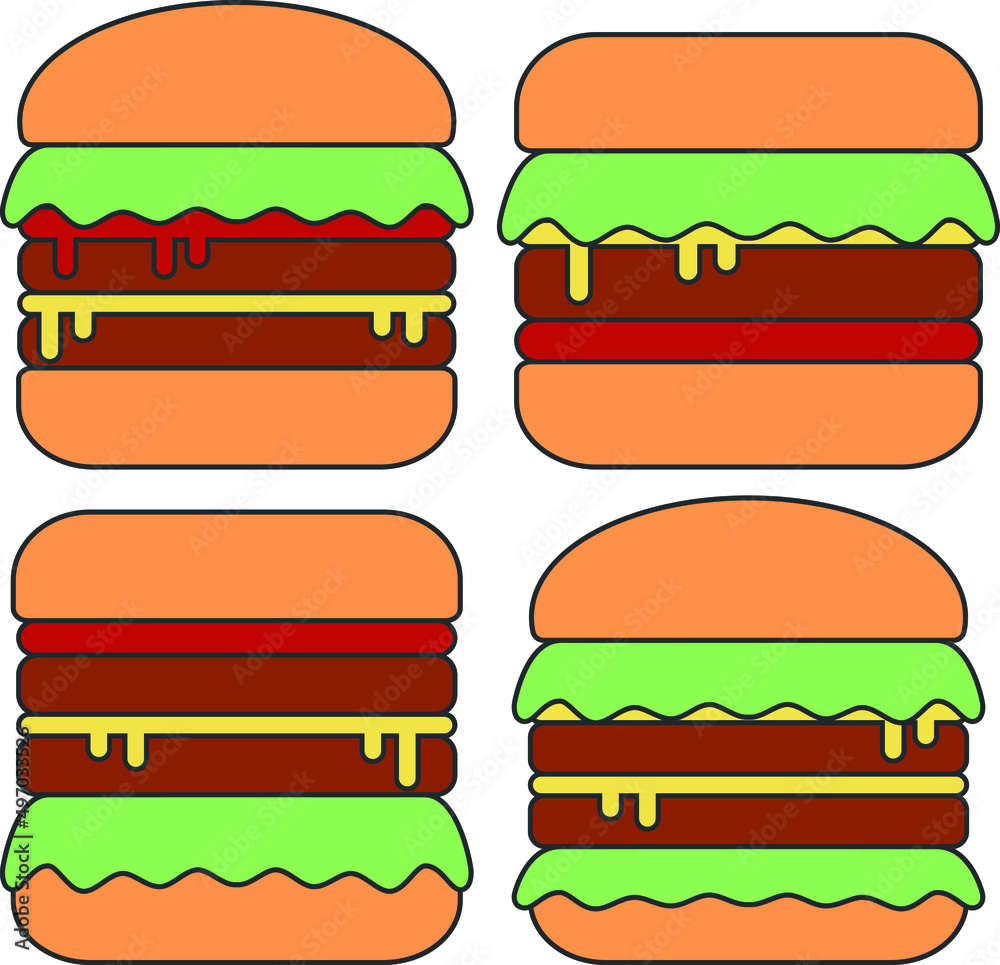 Collection of delicious hamburger element creation, Tasty food illustration graphic design. Collection of delicious hamburger element creation, Tasty food illustration graphic design.