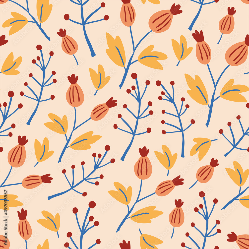 Seamless pattern with autumn leaves in Orange, Beige, Brown and Yellow. Perfect for wallpaper, gift paper, pattern fills, web page background, autumn greeting cards.