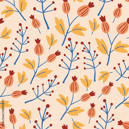 Seamless pattern with autumn leaves in Orange  Beige  Brown and Yellow. Perfect for wallpaper  gift paper  pattern fills  web page background  autumn greeting cards.