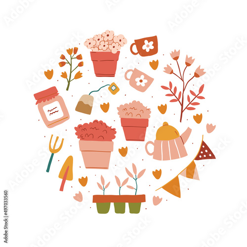 Set of hand drawn garden tools, pot, ground, flowers, plants, tea party. Vector illustration. circle garden illustration on white