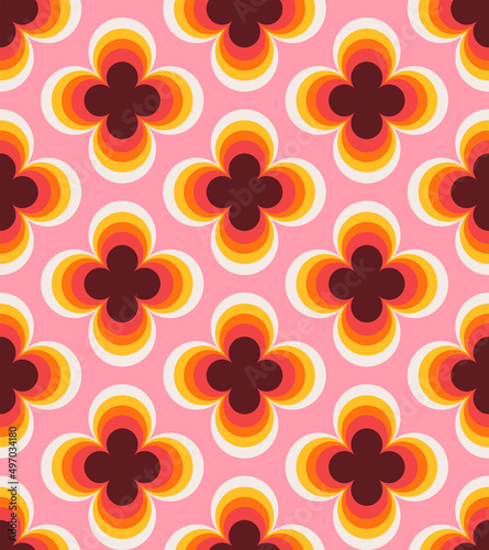 Vintage geometric floral seamless pattern. Retro 70s nostalgic simple shaped groovy flowers with circles colorful background.