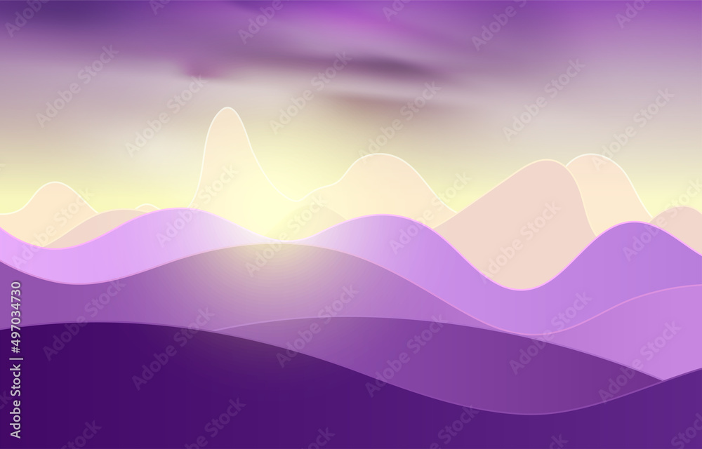 Sunset landscape with fields and hills. Traveling vacation vector background. Concept outdoor design
