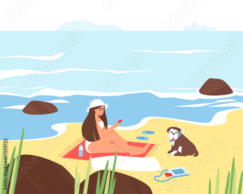A girl on the seashore is resting with her dog English Bulldog. A girl looks into her phone on the beach in seclusion. Summer time of the year. Flat vector illustration.