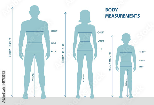 A silhouette of a full-length man, woman and boy with measurement lines of body parameters, male and female measurements, and children's measurements, human body measurements and proportions photo