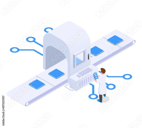 CPU production line.Isometric vector illustration on white background.
