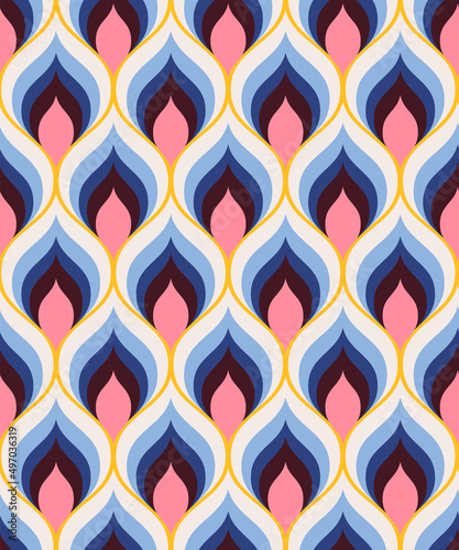 Abstract geometric seamless pattern. Colorful ogee wallpaper vector print. Multicolor asian style fishcsale ornament. Simple shaped small scale fashion textile design photo