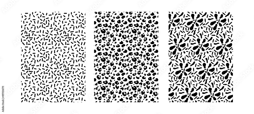 Pack de tres patrones para fondos o estampados con formas de abstractas orgánicas, vectores abstractos en blanco y negro	
