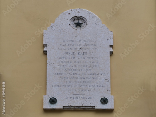 Giosue Carducci marble plaque in Lecco, Lombardy, Italy photo