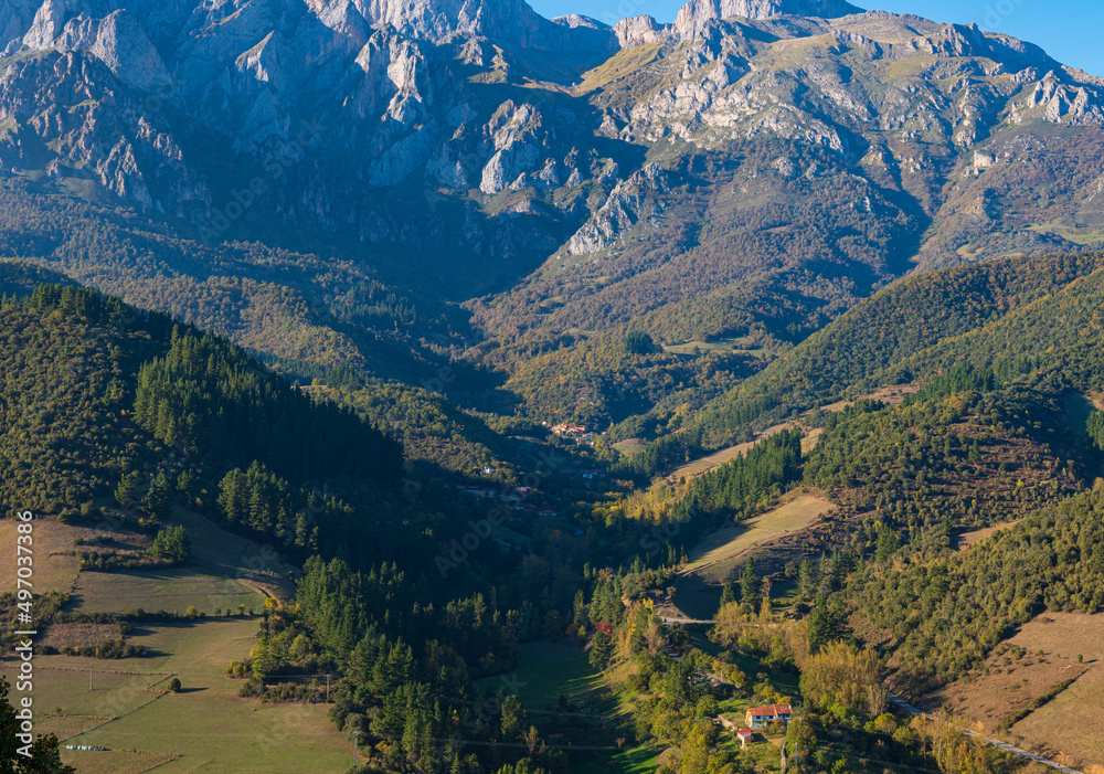 Fototapeta premium Panoramic views from the viewpoint of the Hermitage of San Miguel. Near Potes, Cantabria, Spain.