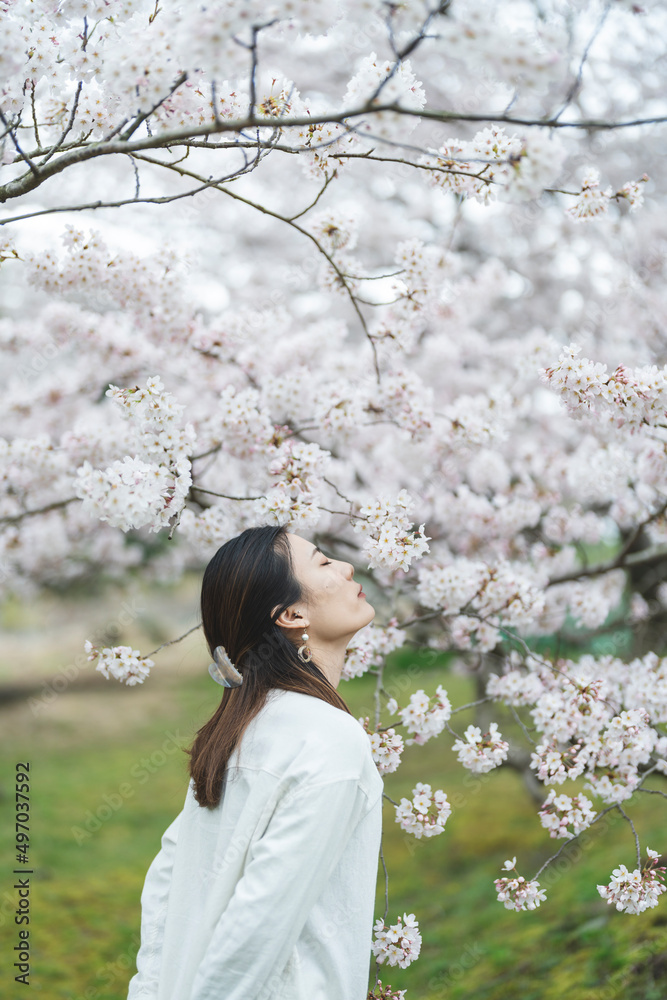 満開の桜の花と爽やかな女性