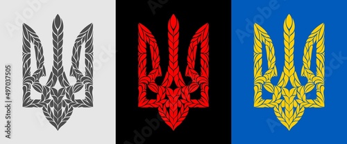 Vector Decorative Ukrainian Trident. Patterned Coat of Arms, woven from leaves