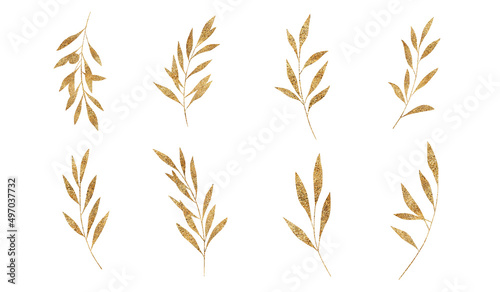 Golden leaves, branches illustration isolated on white background.