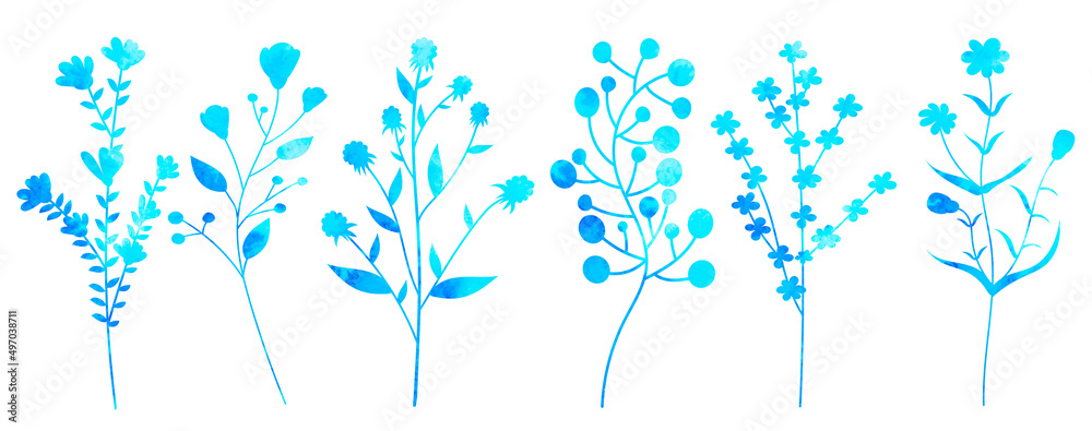 flowers, plants watercolor silhouette isolated vector