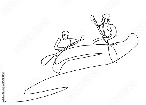 adventurous group rafting on a boat. group doing water sports in canoe sea