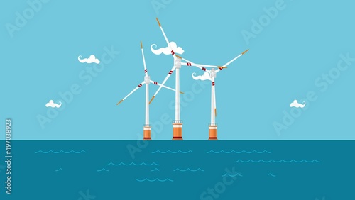 Wind turbines in the sea, horizontal axis windmill in the sea off the coast , offshore wind farm, sustainable renewable energy, HD video animation footage photo