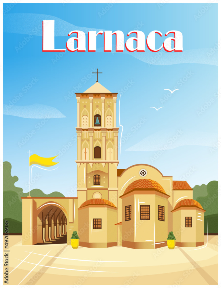 Illustration of the Church of St. Lazarus, a sight of the island of Cyprus. mediterranean sea tourism and famous place