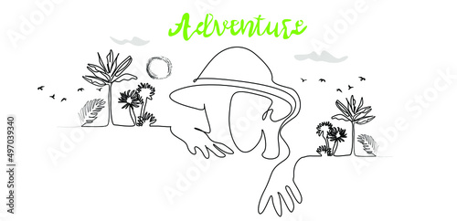 An adventurous person wants to enter the tropical forest and discover new things panorama drawing poster background design. one big human design among tropical trees