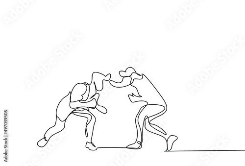two wrestling men trying to knock each other down